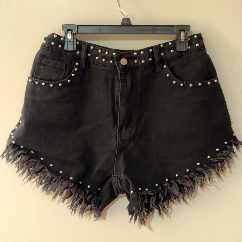 Black Fringed Denim Shorts with Studs